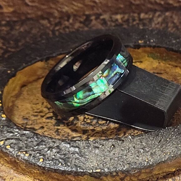 Men's Real Black Tungsten Promise Ring With Abalone Shell Inlay - Picture 4 of 11